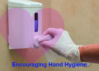 Image of gloved hand cleaning a sanitising gel dispenser. Links to page about hand hygiene messaging